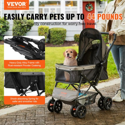 VEVOR Cochecito para Perros 4 Ruedas Giratorias 1 Freno Cochecito para Mascotas Capacidad de Carga 20 kg Cochecito para Gatos Asa Reversible Cesta de Almacenamiento Cremallera para Perros, Negro Gris