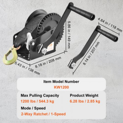 VEVOR Cabrestante Manual Capacidad de Tracción 1200 libras Cabrestante para Remolque de Barco Manivela Resistente con Correa de Poliéster de 7 m con Trinquete Bidireccional para Remolque, Barco, ATV
