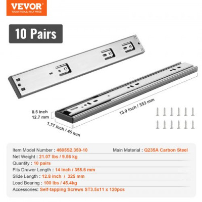 VEVOR Guías para Cajones 10 Pares Guías para Cajones de Bolas 355,6 mm Cierre Suave y Silencioso 45,4 kg Riel Guía de Acero de Montaje Lateral Extensión Completa para Estante de Gabinete de Cocina