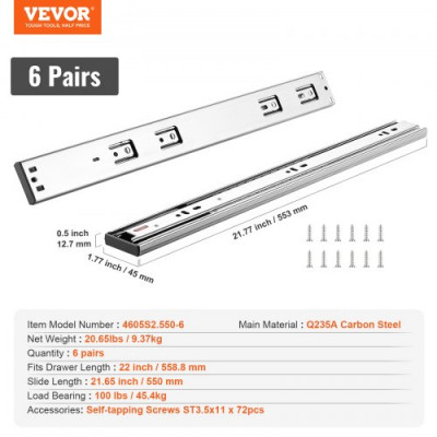 VEVOR Guías para Cajones 6 Pares Guías para Cajones de Bolas 558,8 mm Cierre Suave y Silencioso 45,4 kg Riel Guía de Acero de Montaje Lateral Extensión Completa para Estante de Gabinete de Cocina