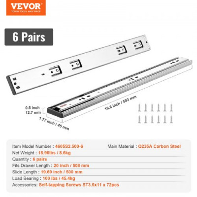 VEVOR Guías para Cajones 6 Pares Guías para Cajones de Bolas 508 mm Cierre Suave y Silencioso 45,4 kg Riel Guía de Acero de Montaje Lateral Extensión Completa para Estante de Gabinete de Cocina