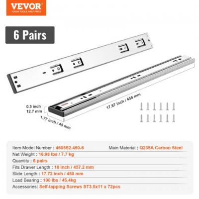 VEVOR Guías para Cajones 6 Pares Guías para Cajones de Bolas 457,2 mm Cierre Suave y Silencioso 45,4 kg Riel Guía de Acero de Montaje Lateral Extensión Completa para Estante de Gabinete de Cocina