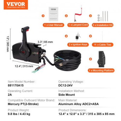 VEVOR Caja de control remoto fueraborda compatible con Mercury PT 2 tiempos 881170A15, control de acelerador de barco de montaje lateral, con interruptor de ajuste, arnés de 8+4 pines, dirección