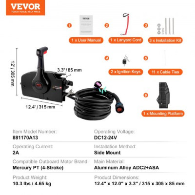 VEVOR Caja de control remoto fueraborda compatible con Mercury PT de 4 tiempos 881170A13, control de acelerador de barco de montaje lateral, con interruptor de ajuste, arnés de 14 pines, dirección