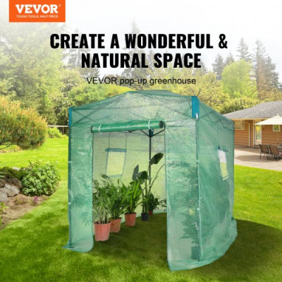 VEVOR Invernadero de Jardín 247,8x181,8x228 cm Refugio para Plantas Cubierta de PE de Alta Resistencia con Puertas, Ventanas, Marco de Acero con Recubrimiento en Polvo Invernadero Retráctil, Verde