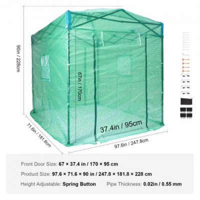 VEVOR Invernadero de Jardín 247,8x181,8x228 cm Refugio para Plantas Cubierta de PE de Alta Resistencia con Puertas, Ventanas, Marco de Acero con Recubrimiento en Polvo Invernadero Retráctil, Verde