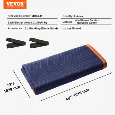 VEVOR Mantas para Mudanzas de Muebles 1829x1016 mm Mantas de Protección de Embalaje Resistentes 6 Piezas Tela no Tejida Algodón Reciclado para Proteger Muebles, Pisos, Electrodomésticos, Azul/Naranja