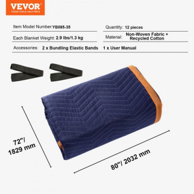 VEVOR Mantas para Mudanzas de Muebles 2032x1829 mm Mantas de Protección de Embalaje Resistentes 12 Piezas Tela no Tejida Algodón Reciclado para Proteger Muebles, Pisos, Electrodomésticos, Azul/Naranja