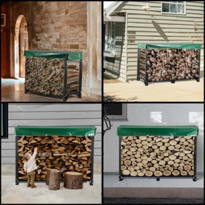 VEVOR Estante de Leña con Cubierta 244,5 x 36,2 x 122 cm Estante para Leña Exterior Capacidad de Carga 590 kg Estante de Leña de Acero Estante para Leña con Pies Estante de Registro de Chimenea Negro