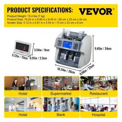Contador de Dinero > 800 uds./min Detector Billetes Falsos Tamaño de nota Contador de efectivo 7kg 500 notas Contador de billetes Incluye Detección