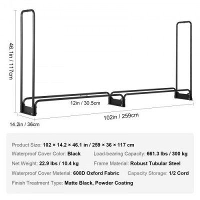 Estante de Almacenamiento de Leña 259x36x117 cm Marco de Acero Soporte de Leña con Funda Impermeable 600D Oxford Leñero para Chimenea para 1/2 Cuerda de Leña Carga de 300 kg para Jardín Terraza