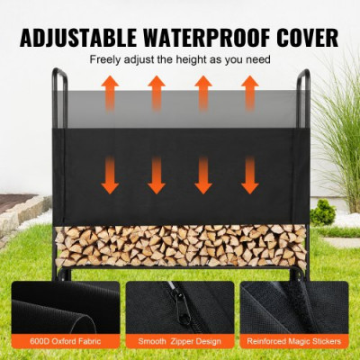 Estante de Almacenamiento de Leña 132x36x117 cm Marco de Acero Soporte de Leña con Funda Impermeable 600D Oxford Leñero para Chimenea para 1/4 Cuerda de Leña Carga de 200 kg para Jardín Terraza