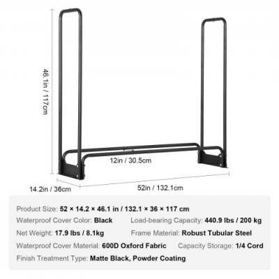 Estante de Almacenamiento de Leña 132x36x117 cm Marco de Acero Soporte de Leña con Funda Impermeable 600D Oxford Leñero para Chimenea para 1/4 Cuerda de Leña Carga de 200 kg para Jardín Terraza