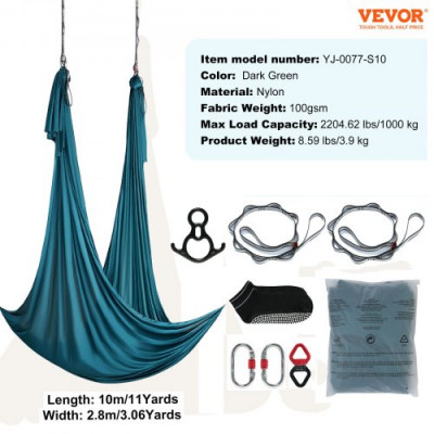 VEVOR Hamaca aérea de yoga 10 x 2,8 m Kit de columpio de yoga con inversión de danza aérea Nylon 100 g/m² Carga 1000 kg Vuelo aéreo antigravedad para fitness Culturismo Pilates oscuro Gimnasio, Verde