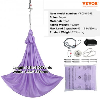 VEVOR Hamaca aérea de yoga 2,8 x 1,6 m Kit de columpio de yoga con inversión de danza aérea Nylon 100 g/m² Carga 250 kg Vuelo aéreo antigravedad para fitness Culturismo Pilates Gimnasio Hogar, Púrpura