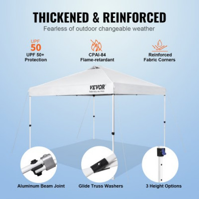 VEVOR Carpa Gazebo Emergente 304,8x304,8 cm Toldo para Cenador Tela Recubierta de Plata PU 250D Marco de Acero al Carbono con Bolsa con Ruedas 4 Sacos de Arena para Exterior, Jardín, Camping, Blanco