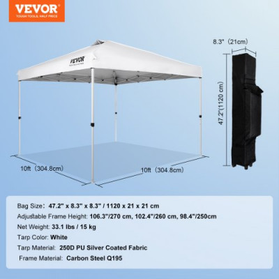 VEVOR Carpa Gazebo Emergente 304,8x304,8 cm Toldo para Cenador Tela Recubierta de Plata PU 250D Marco de Acero al Carbono con Bolsa con Ruedas 4 Sacos de Arena para Exterior, Jardín, Camping, Blanco