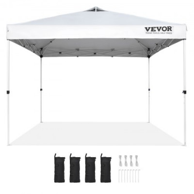 VEVOR Carpa Gazebo Emergente 304,8x304,8 cm Toldo para Cenador Tela Recubierta de Plata PU 250D Marco de Acero al Carbono con Bolsa con Ruedas 4 Sacos de Arena para Exterior, Jardín, Camping, Blanco