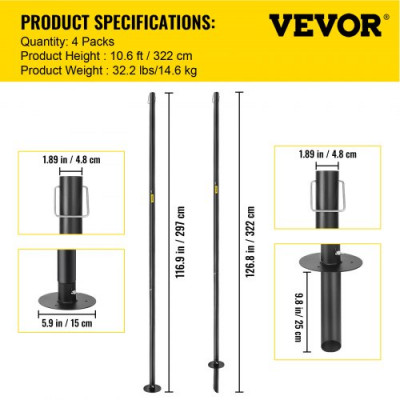 VEVOR Postes para Guirnalda de Luces 4 Piezas Longitud Total 322 cm Poste de Guirnalda de Acero Soporte de Iluminación Exterior Instalación Fácil Decoración Bandera para Césped Patio Jardín Fiesta