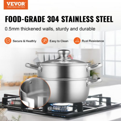 VEVOR Olla Vaporera de Acero Inoxidable 24 cm con Olla de 4,73 L y Cesta de Vapor Vaporera para Alimentos con Tapa de Vidrio 1 Nivel con 1 Par de Guantes Aislantes para Cocinar al Vapor en Cocina