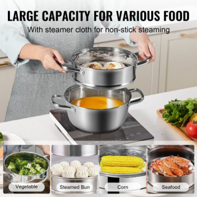 VEVOR Olla Vaporera de Acero Inoxidable 24 cm con Olla de 4,73 L y Cesta de Vapor Vaporera para Alimentos con Tapa de Vidrio 1 Nivel con 1 Par de Guantes Aislantes para Cocinar al Vapor en Cocina