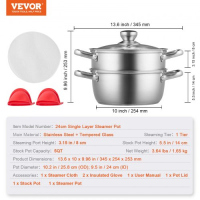 VEVOR Olla Vaporera de Acero Inoxidable 24 cm con Olla de 4,73 L y Cesta de Vapor Vaporera para Alimentos con Tapa de Vidrio 1 Nivel con 1 Par de Guantes Aislantes para Cocinar al Vapor en Cocina