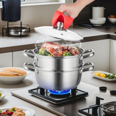 VEVOR Olla Vaporera de Acero Inoxidable 24 cm con Olla de 4,73 L y Cesta de Vapor Vaporera para Alimentos con Tapa de Vidrio 1 Nivel con 1 Par de Guantes Aislantes para Cocinar al Vapor en Cocina