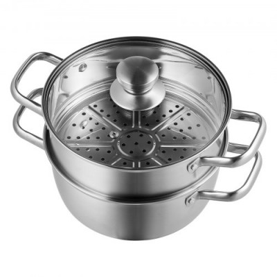 VEVOR Olla Vaporera de Acero Inoxidable 24 cm con Olla de 4,73 L y Cesta de Vapor Vaporera para Alimentos con Tapa de Vidrio 1 Nivel con 1 Par de Guantes Aislantes para Cocinar al Vapor en Cocina