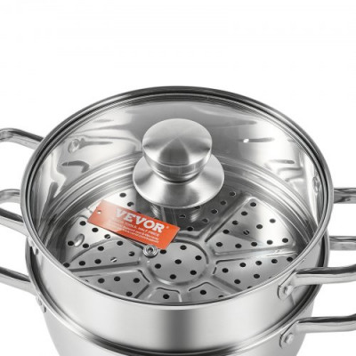 VEVOR Olla Vaporera de Acero Inoxidable 24 cm con Olla de 4,73 L y Cesta de Vapor Vaporera para Alimentos con Tapa de Vidrio 1 Nivel con 1 Par de Guantes Aislantes para Cocinar al Vapor en Cocina