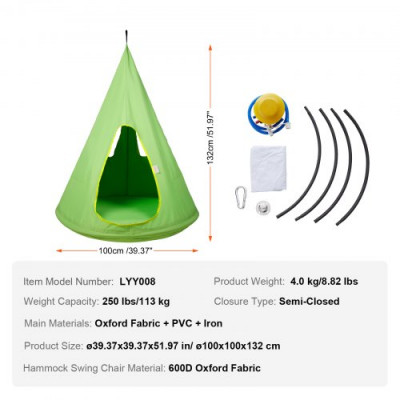 VEVOR Hamaca Nido para Niños 100x132 cm Columpio Colgante Interior Exterior Capacidad de Carga 113 kg con Cuerda Ajustable Instalación Sencilla para Salón, Dormitorio, Césped, Jardín, Madera, Verde