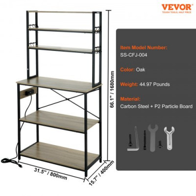 VEVOR Estante para Panaderos de Cocina de 6 Niveles Estantería de Almacenamiento de Servicios 80 x 40 x 168 cm Estante con Soporte para Horno Microondas Capacidad de 120 kg con Toma de Corriente