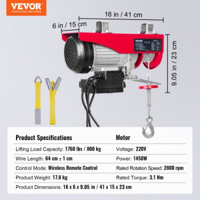 Polipasto Eléctrico de Cable Capacidad de 800kg Polipasto 1450 W con Mando a Distancia Inalámbrico 10 m/min Altura de Elevación 12m Cable Único Motor de Cobre Puro para Garajes Almacenes Plantas