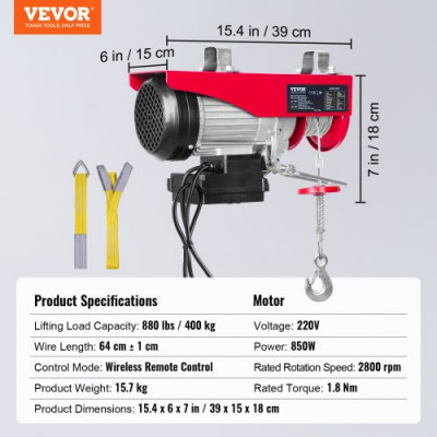 Polipasto eléctrico VEVOR 880lbs Cabrestante de grúa con control remoto inalámbrico 850W 220V