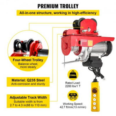 Polipasto Eléctrico 1000kg / 1000 lbs Montacargas Eléctrico con Carretilla Eléctrica Polipasto Eléctrico de Acero Cabrestante Eléctrico Cable Eléctrico con Mando a Distancia