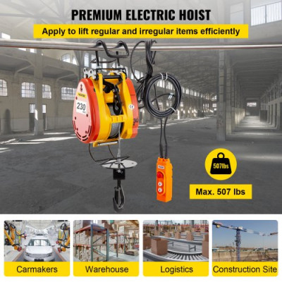 Polipasto Eléctrico Cabrestante Eléctrico 230kg con Sistema de Tracción de Cable de 30m, Elevador Eléctrico Capacidad 507 lb/ 230 kg, Montacargas Eléctrico para Garage