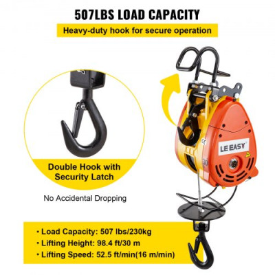 Polipasto Eléctrico Cabrestante Eléctrico 230kg con Sistema de Tracción de Cable de 30m, Elevador Eléctrico Capacidad 507 lb/ 230 kg, Montacargas Eléctrico para Garage