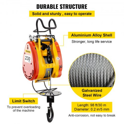 Polipasto Eléctrico Cabrestante Eléctrico 230kg con Sistema de Tracción de Cable de 30m, Elevador Eléctrico Capacidad 507 lb/ 230 kg, Montacargas Eléctrico para Garage