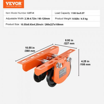 VEVOR Carro Portapolipasto Eléctrico Carga de 0,5 T Carro con Viga de Empuje de Acero Aleado Ancho Ajustable 60-120 mm con Ruedas para Polipasto PA200 PA250 PA300 PA400 PA500 Viga I Recta y Curva