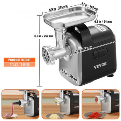 VEVOR Picadora de Carne 550W Picadora Eléctrica Multifunción 3kg/min con 2 Cuchillas 2 Placas de Picado Empujador de Salchichas de Acero Inoxidable ABS para Picar Rápidamente Carne Cebolla Ajo Hierbas