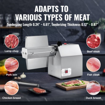 VEVOR Ablandador de Carne Comercial de Acero Inoxidable 304 con Pinza para Carne, Cepillo de Limpieza y Bandeja, Máquina Ablandadora de Carne Eléctrica de 750W para Carne de Res, Pollo, Cerdo, Pescado