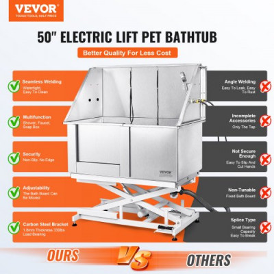 VEVOR Bañera Eléctrica para Peluquería Canina 127 cm Bañera de Acero Inoxidable para Mascotas Perros Gatos con Caja de Jabón, Grifo, Carga de 150 kg Bañera para Mascotas, Hogar, Puerta Izquierda