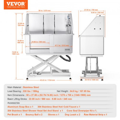 VEVOR Bañera Eléctrica para Peluquería Canina 127 cm Bañera de Acero Inoxidable para Mascotas Perros Gatos con Caja de Jabón, Grifo, Carga de 150 kg Bañera para Mascotas, Hogar, Puerta Izquierda