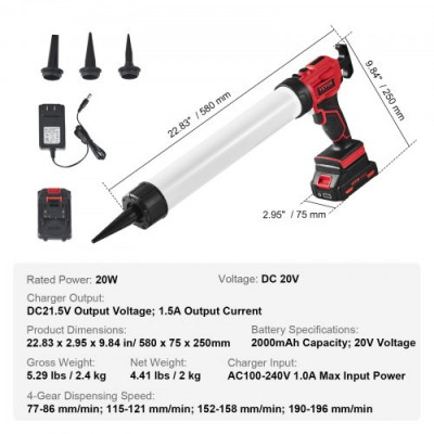 VEVOR Pistola de Cartucho Eléctrica Inalámbrica Pistola Selladora 600ml 20V Batería de 2,0Ah Pistola para Calafatear 4 Velocidades Cargador Rápido Antigoteo Ajustable para Calafatear, Rellenar, Sellar