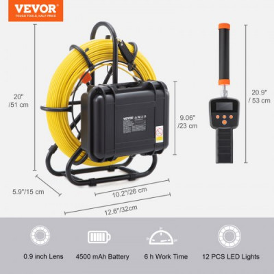 Cámara De Inspección Cámara Endoscópica de Drenaje Pantalla de 9 con IP68 Impermeable Batería de 4500 mAh 12 Led Ajustable Cable de 50m Tarjeta