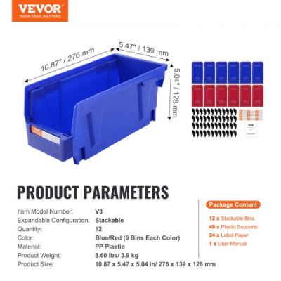 VEVOR Contenedor de Pernos 12 Cajas de Almacenamiento Apilables para Taller 276 x 139 x 128 mm Combinación Azul/Roja Contenedor de Herramientas para Armario, Cocina, Oficina, Despensa, Estante, Pared