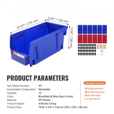 VEVOR Contenedor de Pernos 12 Cajas de Almacenamiento Apilables para Taller 276 x 139 x 128 mm Combinación Azul/Roja Contenedor de Herramientas para Armario, Cocina, Oficina, Despensa, Estante, Pared