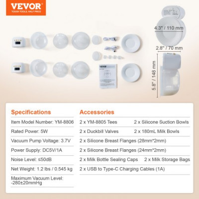 VEVOR Extractor de Leche Eléctrico Manos Libres 4 Modos Extractor de Leche Portátil Recargable 12 Niveles Succión de 300 mmHg Inserto de Brida de 24 mm Bridas de Seno de 28 mm Pantalla LED para Viajes