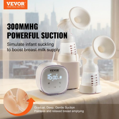 VEVOR Extractor de Leche Eléctrico Extractores de Leche Portátiles Dobles 4 Modos 16 Niveles Alta Succión 300 mmHg con Bridas de Senos de 24/28 mm Forros de Bridas de 18/21 mm Pantalla LED para Viajes