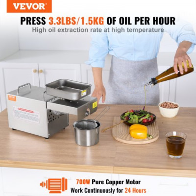 VEVOR Prensa de aceite eléctrica, extractor de aceite de acero inoxidable de 700 W, temperatura constante de 140 ℃, máquina de extracción de aceite para prensar maní, semillas de sésamo, colza