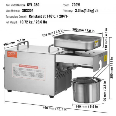 VEVOR Prensa de aceite eléctrica, extractor de aceite de acero inoxidable de 700 W, temperatura constante de 140 ℃, máquina de extracción de aceite para prensar maní, semillas de sésamo, colza